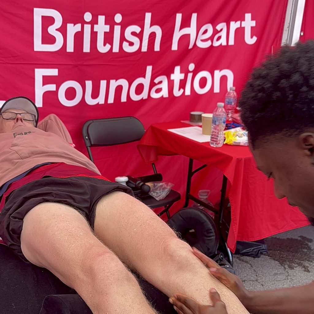 Marvin doing Post Event Sports Massage at the Manchester Event with British Heart Foundation